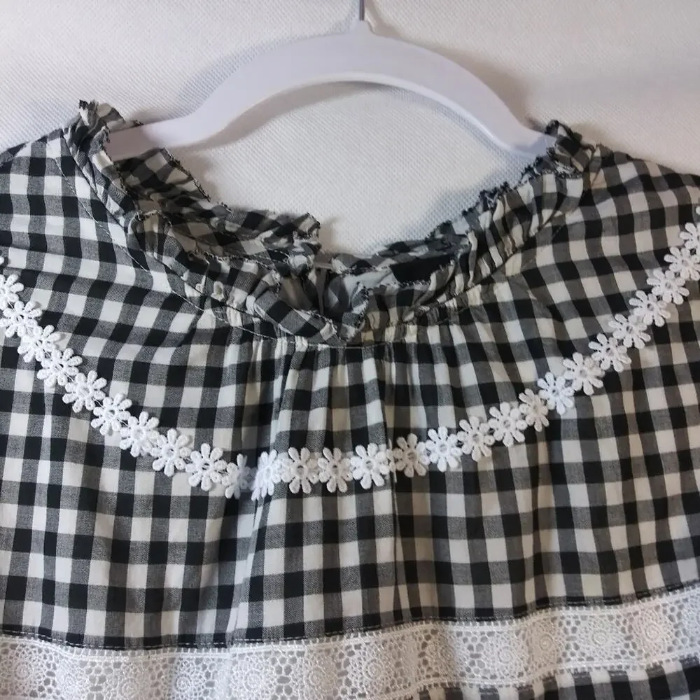 J Crew Black Gingham Daisy Chain Lace Peplum Peasant Short Sleeve Blouse Size M